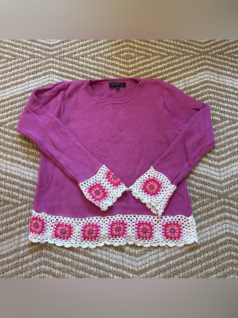 Joseph A Pink Sweater with White Crochet Floral Trim